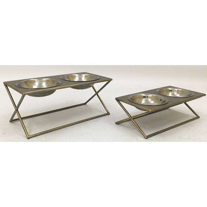 Pet feeder with gunmetal color metal X shape stand with stainless steel water  & food bowls