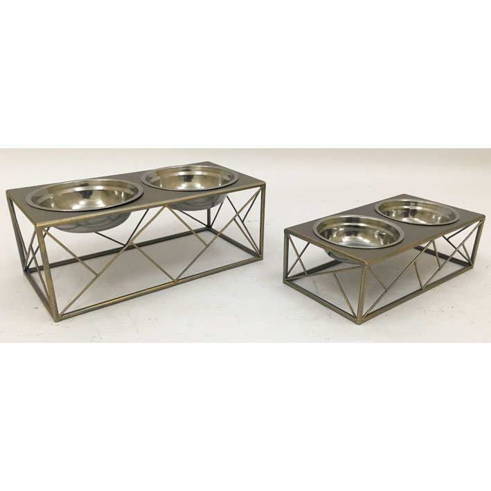 Pet feeder with gunmetal color metal wire geometric stand with stainless steel water  & food bowls