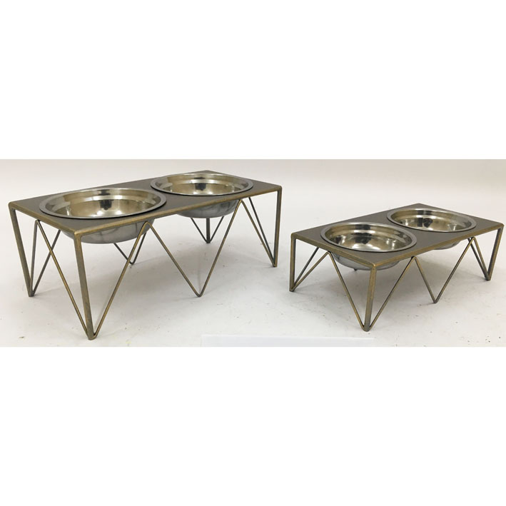 Pet feeder with gunmetal color metal wire geometric stand with stainless steel water  & food bowls 