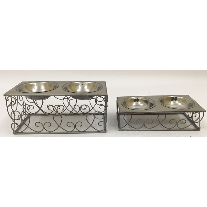 Pet feeder with grey wash metal scroll stand with stainless steel water  & food bowls