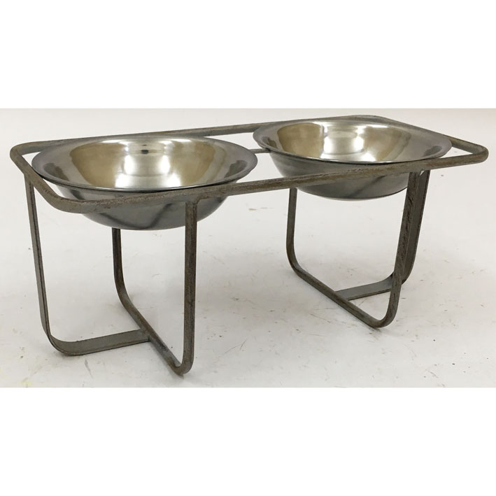 Pet feeder with grey wash metal X shape stand with stainless steel water & food bowls