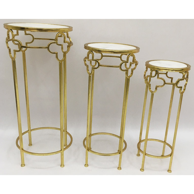 S/3 Round Nesting Metal plant stand shiny gold with white natural marble top