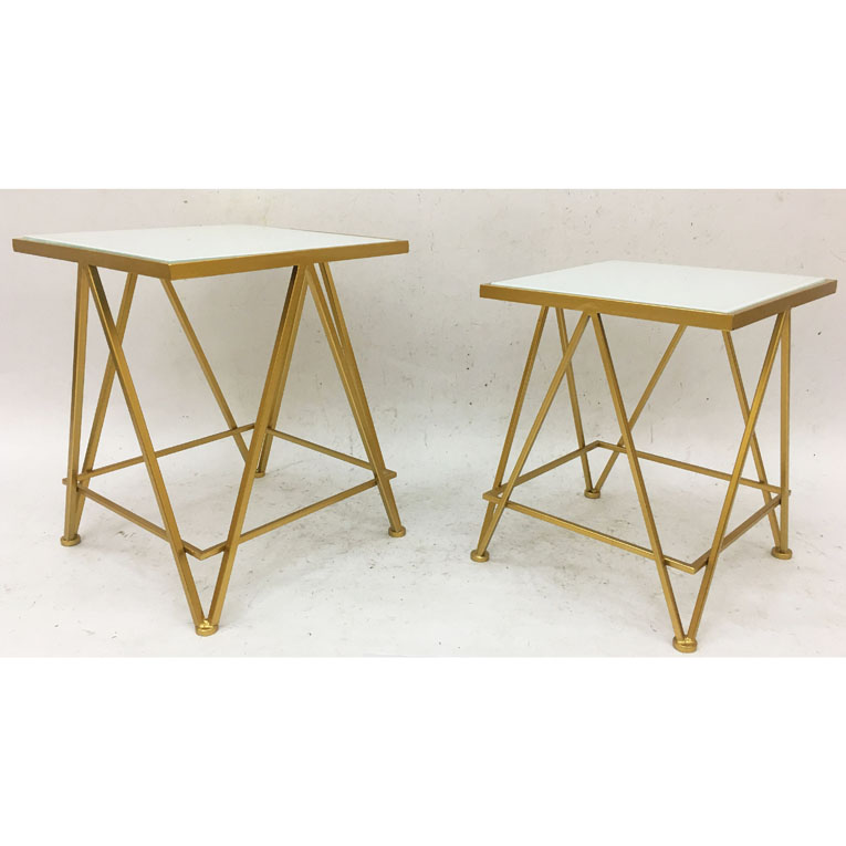 S/2 Square Nesting Shinny Gold Metal Side Table With White Glass Top