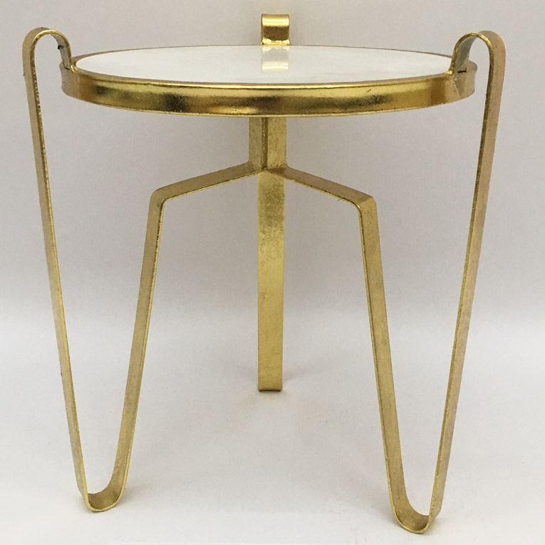 Round Shiny Gold Metal Side Table With White Natural Marble Top 