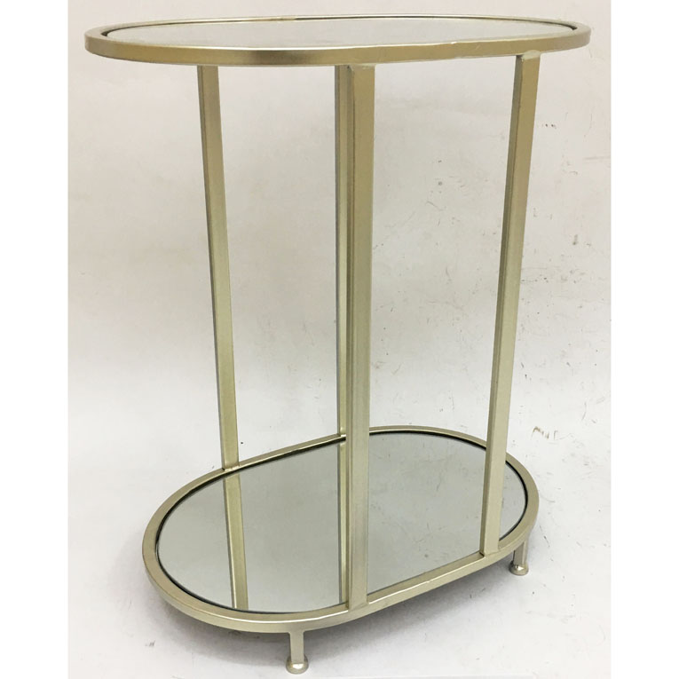2 Tiers Champagne Oval Metal Side Table With Mirror Top