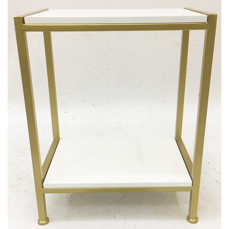 2 Tiers Shiny Gold Rectangular Metal Side Table With White Glossy Wood Top