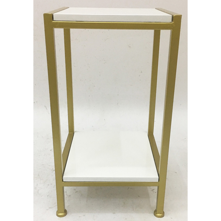 2 Tiers Shiny Gold Square Metal Side Table With White Glossy Wood Top 