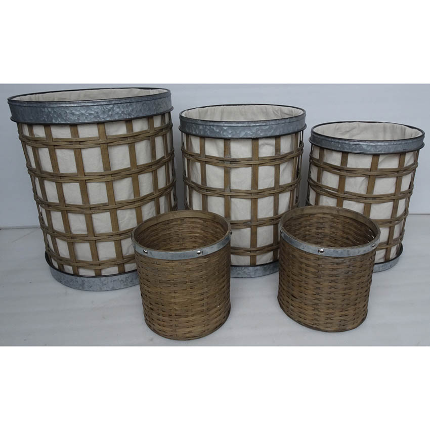 S/3 Round bamboo lattice weaving hamper with galvanized metal rim & lining plus 2 waste bins