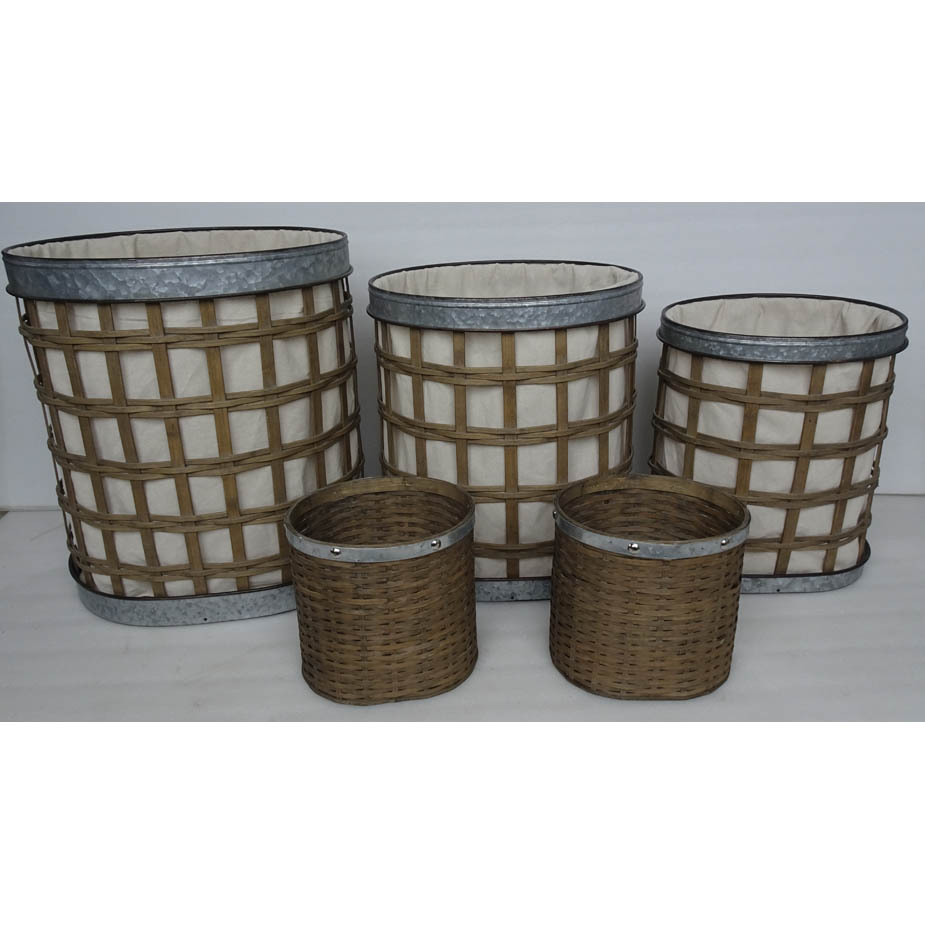S/3 Oval bamboo lattice weaving hamper with galvanized metal rim & lining plus 2 waste bins