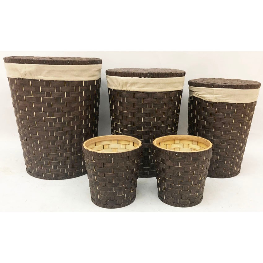 S/3 round wood hamper with paper weaving full body & lining plus 2 waste bins