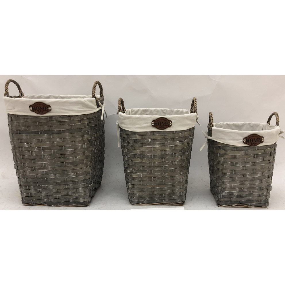 S/3 round willow hamper with metal frame & applique & lining
