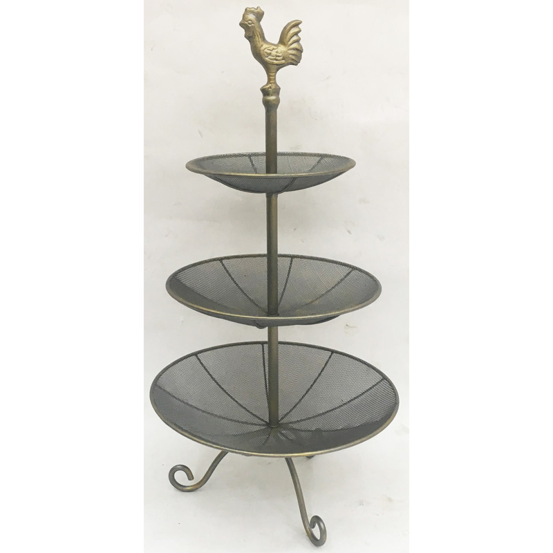 Gunmetal color 3tiers metal fruit basket with rooster handle,can be K/D or fixed