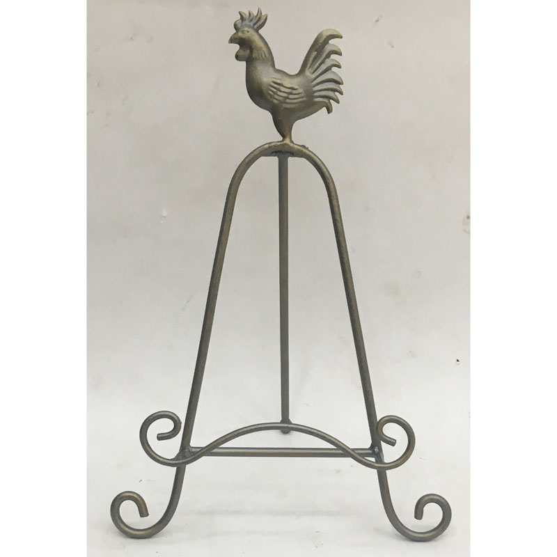 Gunmetal color table metal plate holder with rooster decor