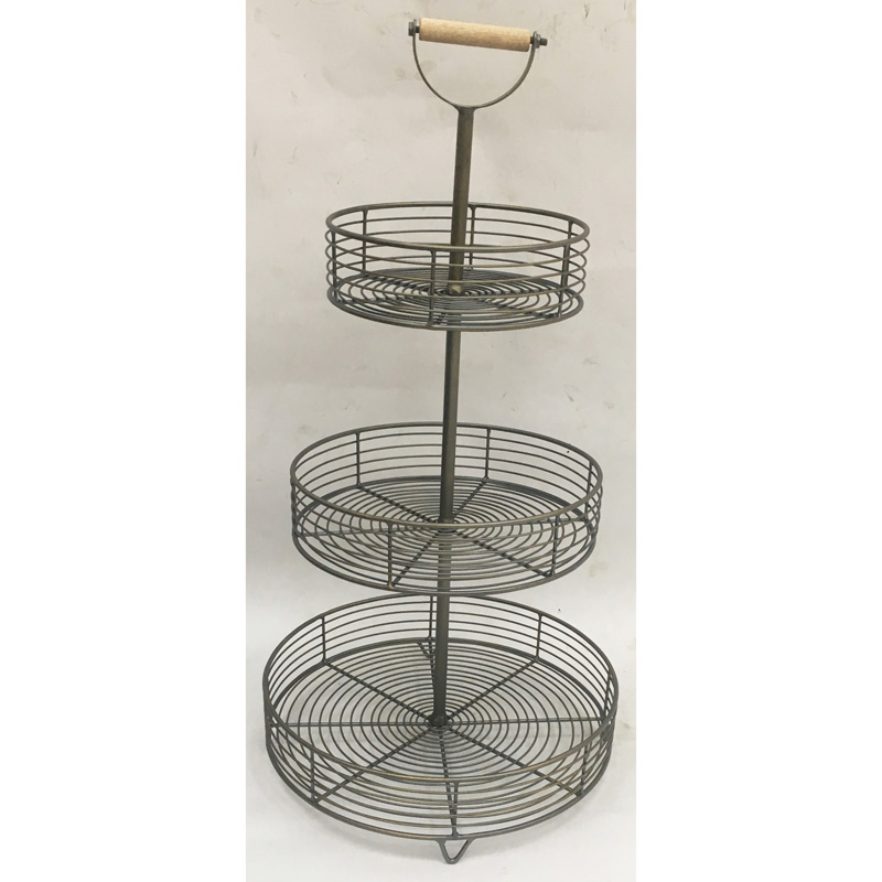 Gunmetal color 3 tiers metal fruit basket with wood handle,can be K/D or fixed