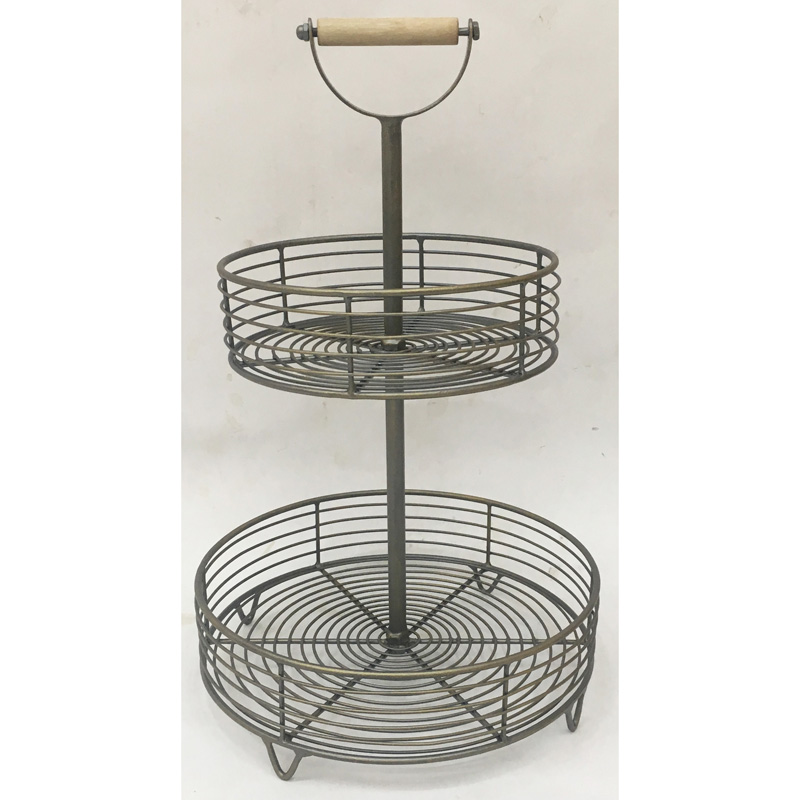 Gunmetal color 2 tiers metal fruit basket with wood handle,can be K/D or fixed 