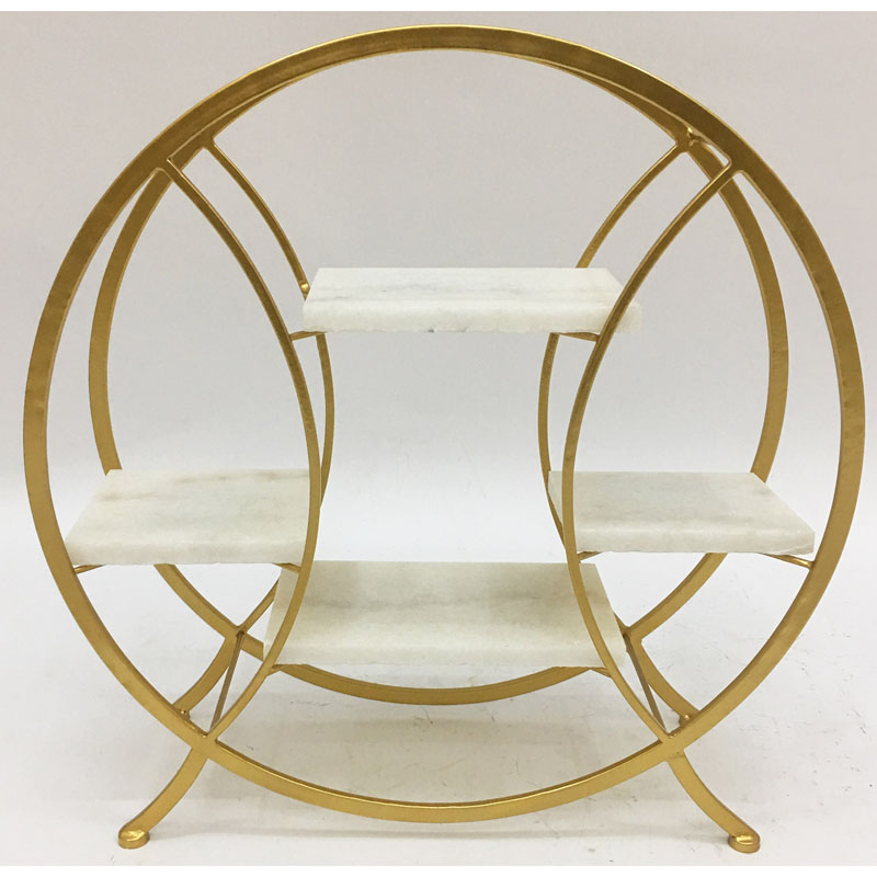 gold round metal cake stand with 4 rect white natural marble tiers