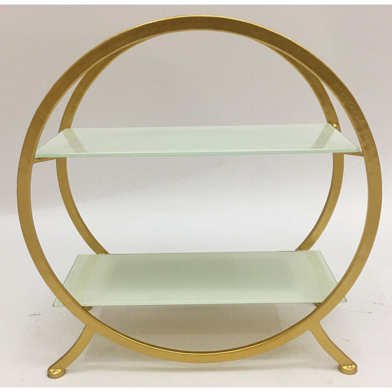 Gold round metal cake stand with 2 rect white glass tiers