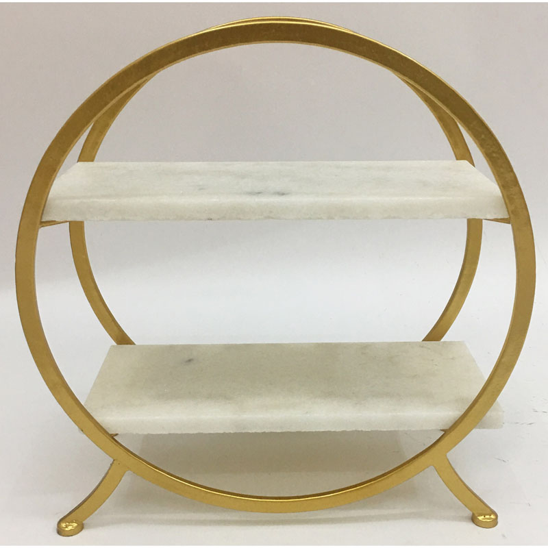 Gold round metal cake stand with 2 rect white natural marble tiers