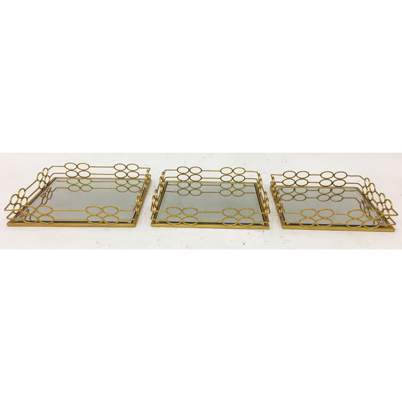 S/3 gold color square metal fruit basket with mirror bases