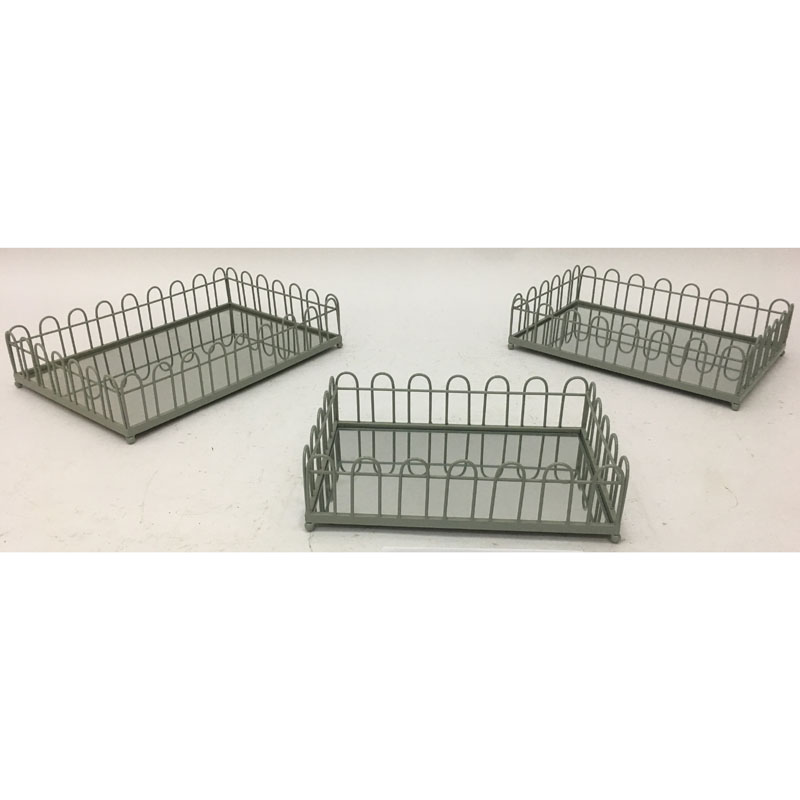 S/3 grey color rectangular metal fruit basket with mirror base