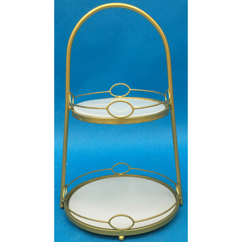 2 tiers gold color round metal fruit basket with white glass bases