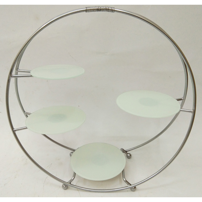 Silver metal cake stand with 4 round white glass tiers
