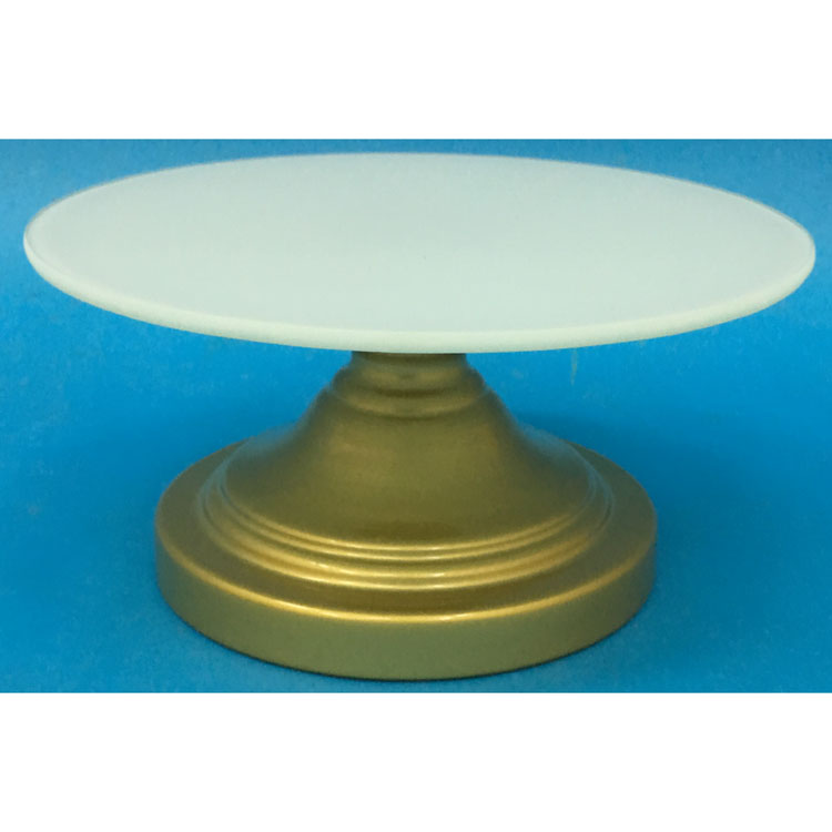 Round white glass cake stand with gold metal base 