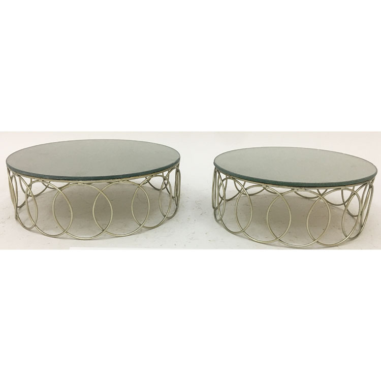 S/2 round mirror cake stand with wire scroll base