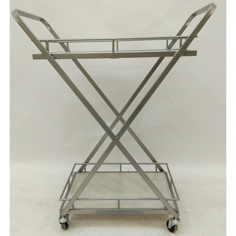 Silver metal bar & serving cart with 2 white natural marble layers and wheels and handle