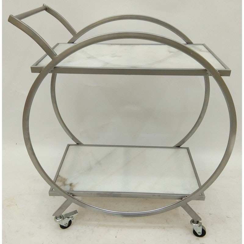 Silver metal bar & serving cart with 2 white natural marble layers and wheels and handles