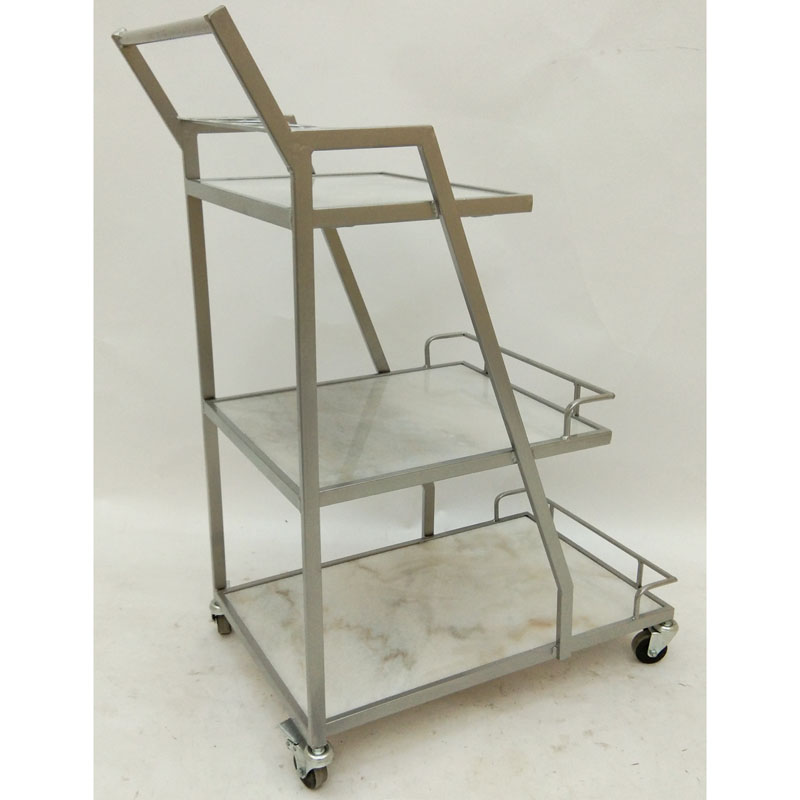 Silver metal bar & serving cart with 3 white natural marble layers and wheels and handles 