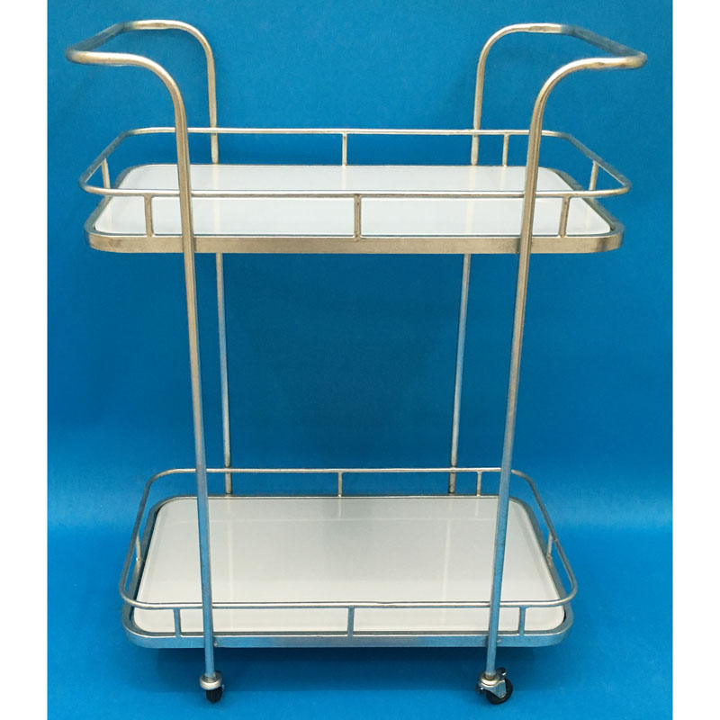 Foil silver metal bar & serving cart with 2 white glass layers and wheels and handles