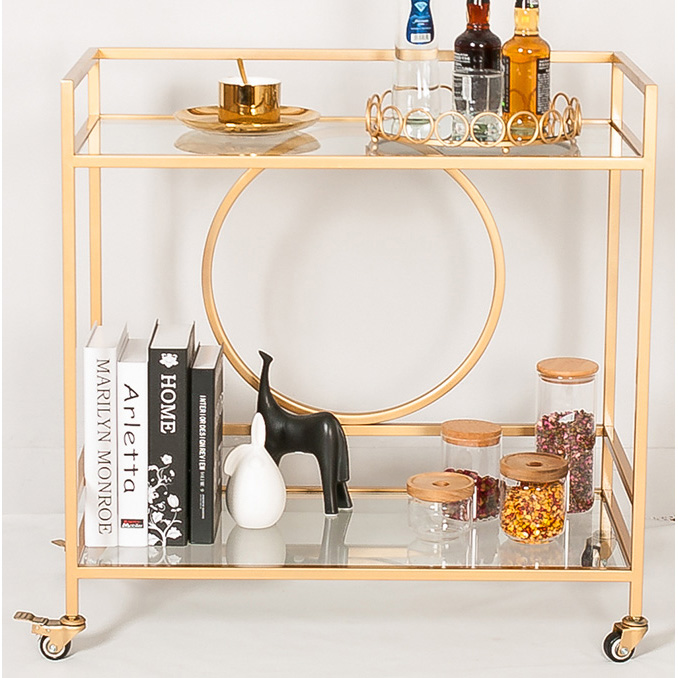 Gold metal bar & serving cart with 2  clear glass layers and wheels and handles
