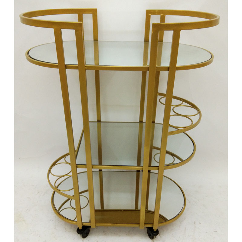 Gold metal bar & serving cart with 3 mirror layers and wheels and handles