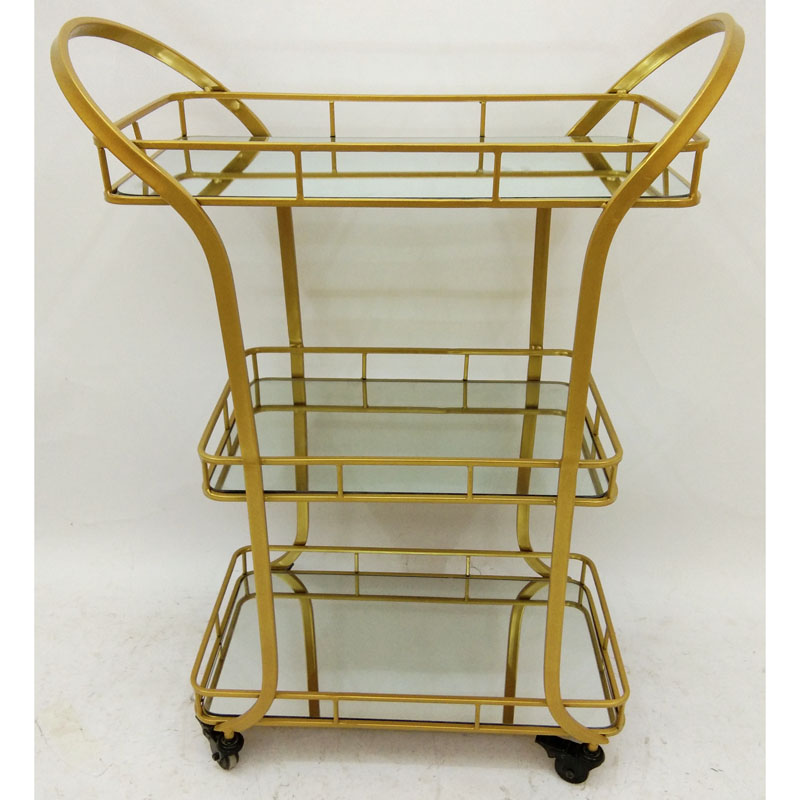 Gold metal bar & serving cart with 3 mirror layers and wheels and handles 