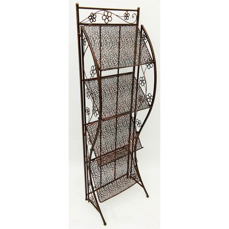 Ant. copper magazine display shelf with 4 folding tree pattern tiers and leaves decor