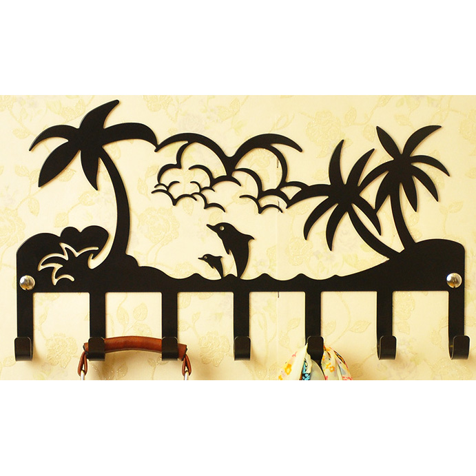 Black wall metal coat rack with with 7 hangers,coconut tree and dolphin