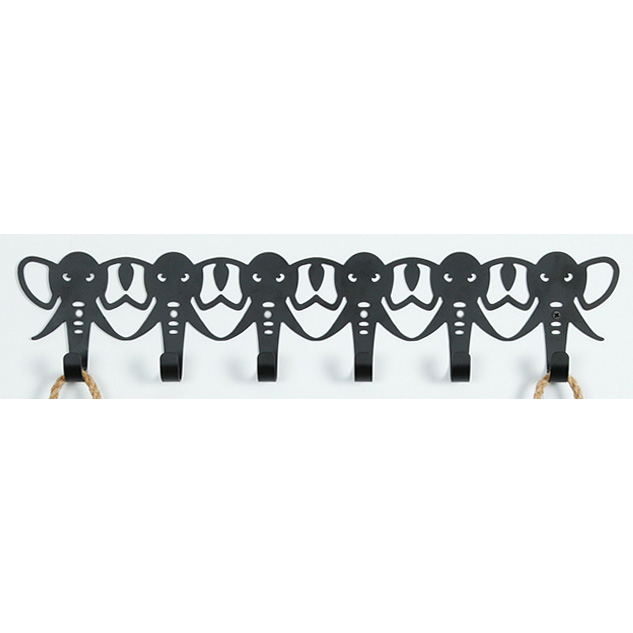 Black wall metal coat rack with with 6 hangers and elephant design