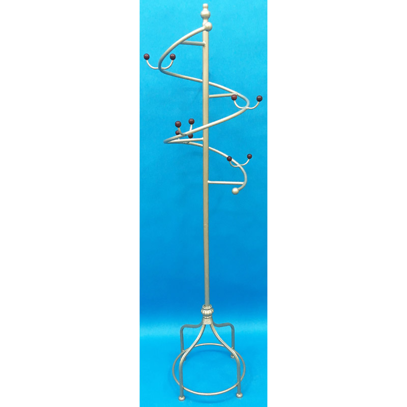 Silver clothing display rack with spiral shape and wood bead