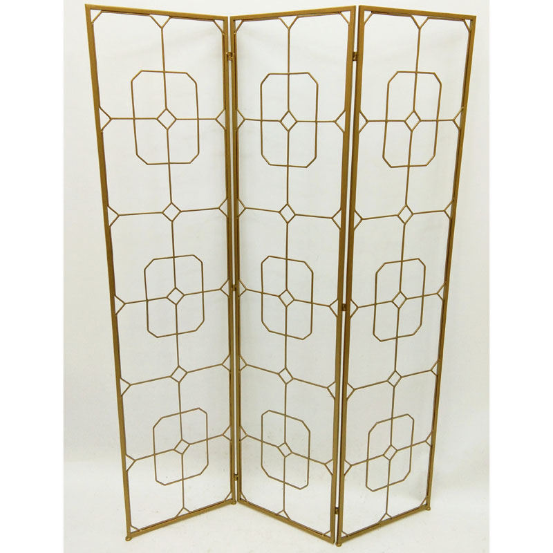 Gold 3 panel metal screen with geometric pattern decor