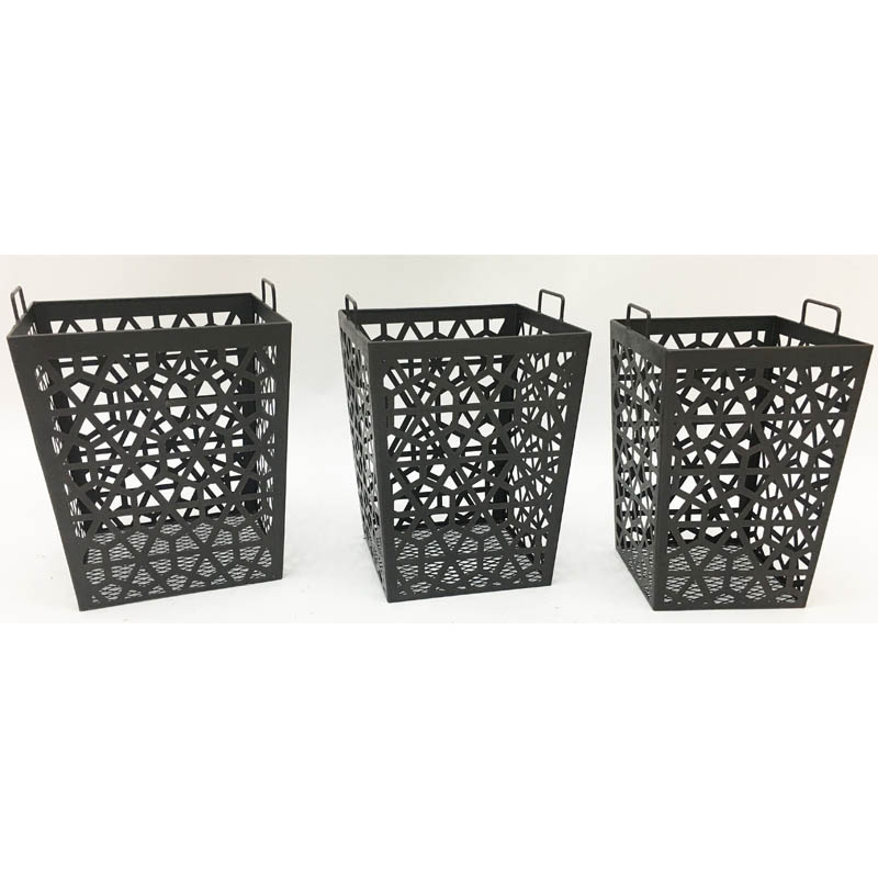 S/3 rusty color square storage baskets with laser cutting geometric pattern sheet metal and handle