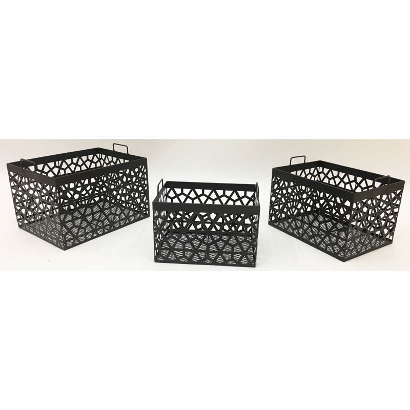 S/3 rusty color rectangular storage baskets with laser cutting geometric pattern sheet metal and handle