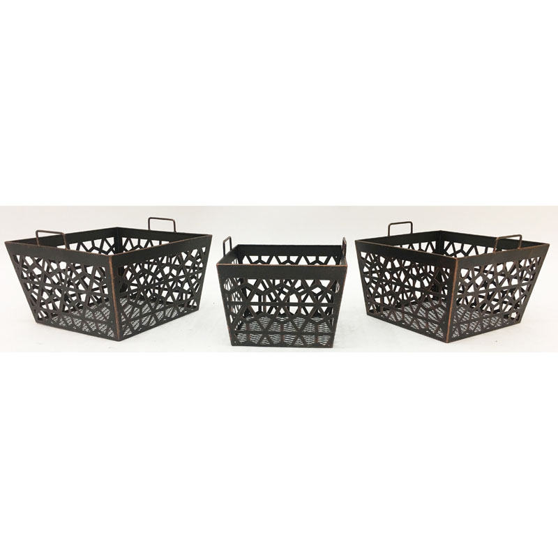S/3 antique copper square storage baskets with laser cutting geometric pattern sheet metal and handle