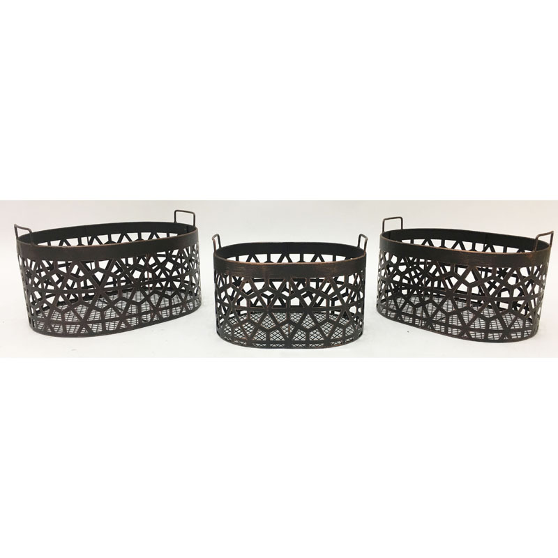 S/3 antique gold oval storage baskets with laser cutting geometric pattern sheet metal and handle