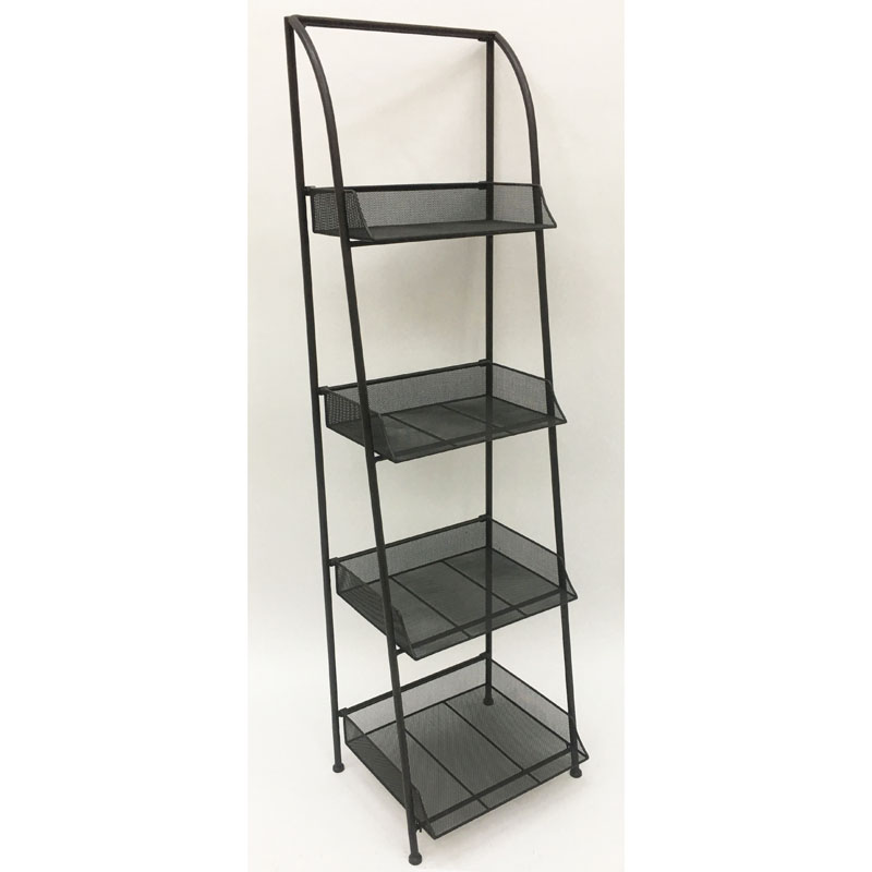 Rusty metal storage shelf with 4 folding grid tiers