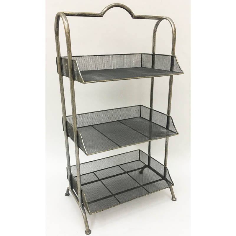 Antique silver metal storage shelf with 3 grid tiers
