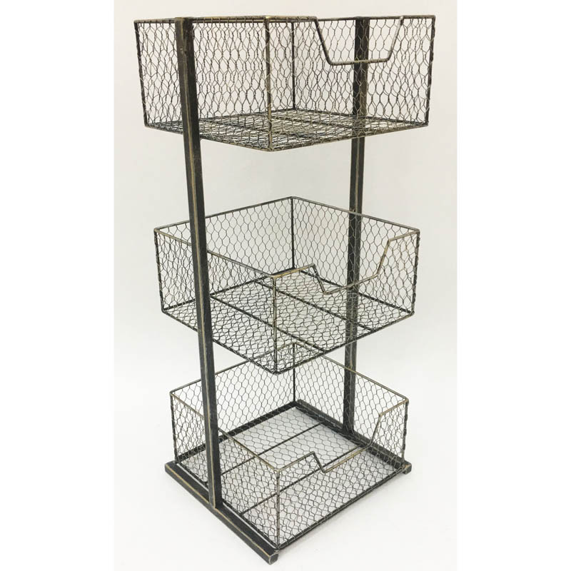 Antique silver metal storage rack with 3 baskets