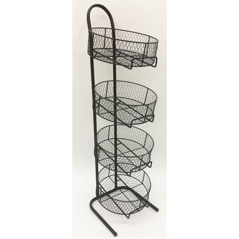 Rusty metal storage rack with 4 movable round baskets