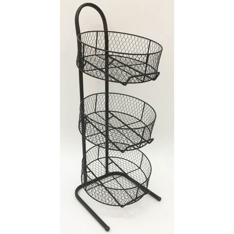 Rusty metal storage rack with 3 movable round baskets