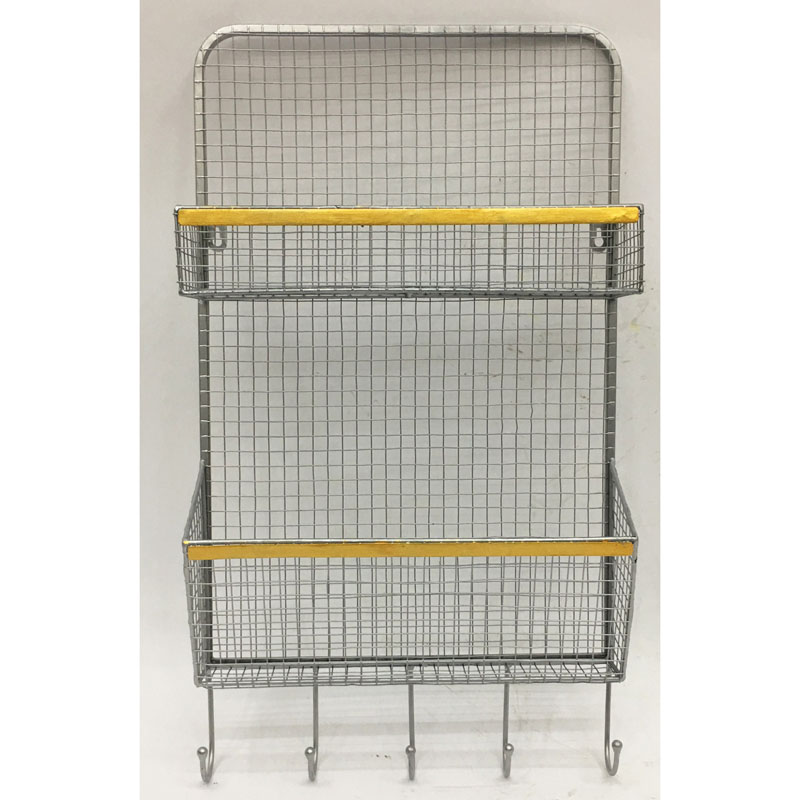 Silver metal wall rack with 2 grid baskets and 5hangers